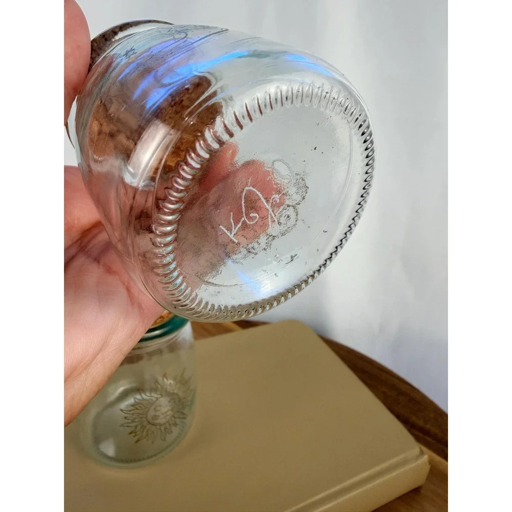 Set of 2 Hand Etched Celestial Glass Jars Cork Lids Sun Moon Apothecary Bottles